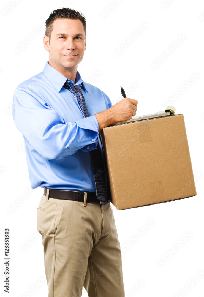 Casual Dress Businessman Holding Box on White Casual Dress Businessman Holding Box on White