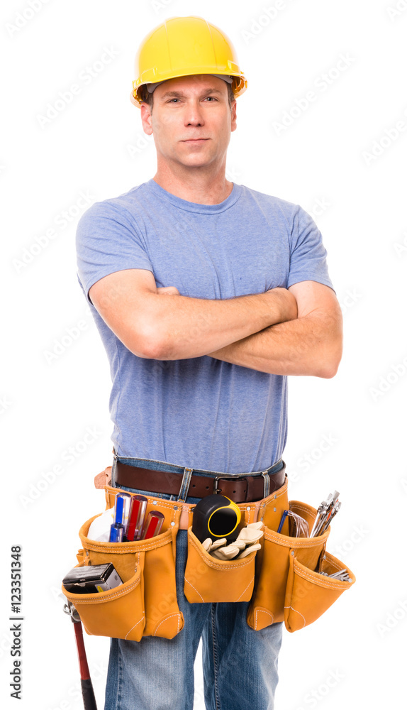 Construction worker building contractor carpenter in hard hat and tool belt isolated on white background Construction worker building contractor carpenter in hard hat and tool belt isolated on white background