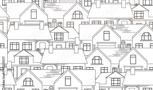 Seamless texture with contour country houses. Vector background for your creativit