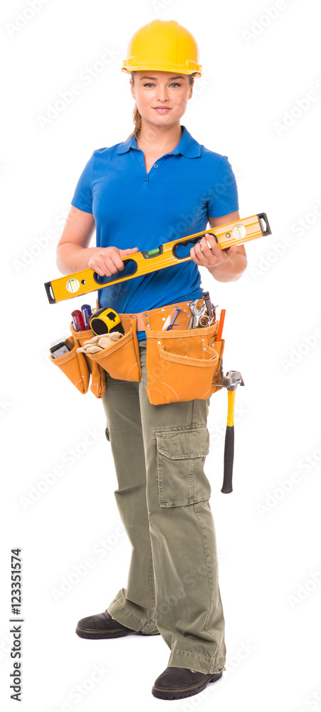 Woman Contractor Construction Worker on White