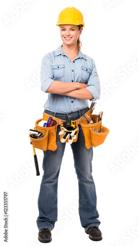 Young Woman Construction Worker on White
