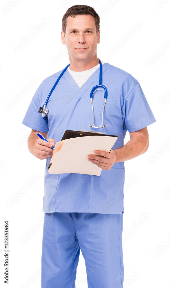Man Doctor Nurse Hospital Worker with Medical Records isolated on white background Man Doctor Nurse Hospital Worker with Medical Records isolated on white background