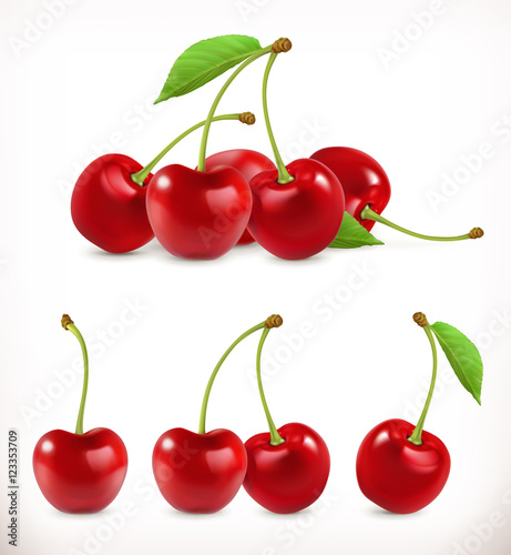 Fototapeta Cherry. Sweet fruit. 3d vector icons set. Realistic illustration