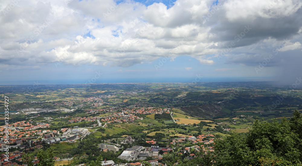 panorama of the plains of Emilia and the Adriatic sea in the bac