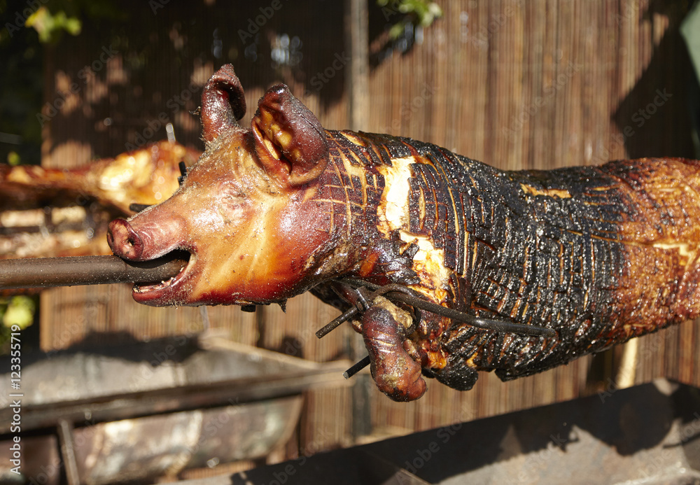 A whole pig spit roasting on an outdoor barbeque