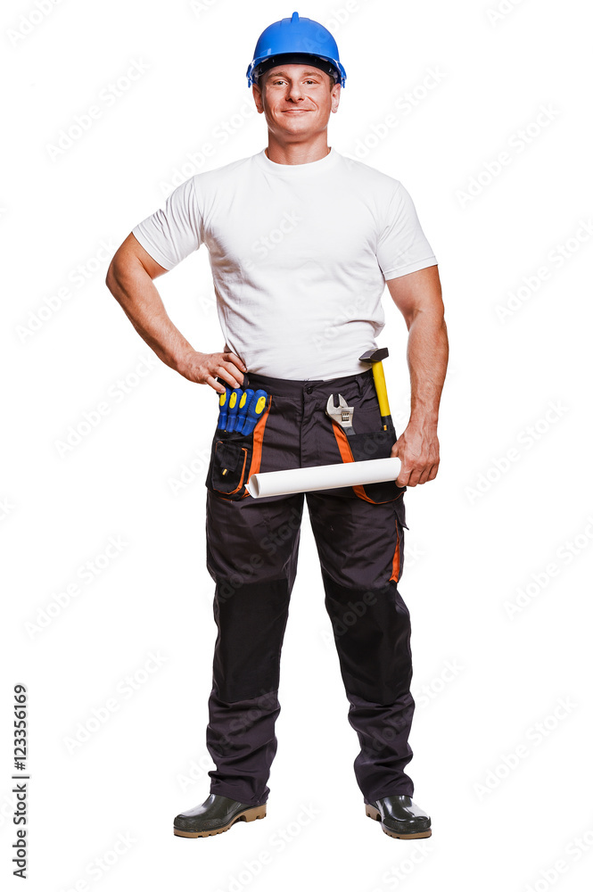 smiling handyman on white background fine portrait holding plans smiling handyman on white background fine portrait holding plans