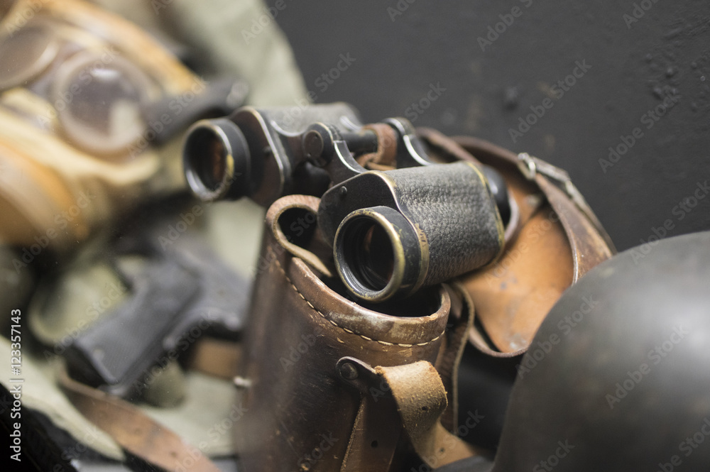 Army binoculars on leather case