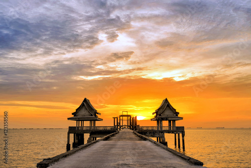 Twilight with middle of the water Thai Temple, Temple Djittabhawan, at Pattaya Chonburi Province, Thailand.