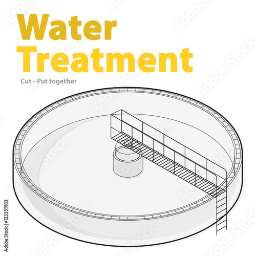 Water treatment isometric building info graphic, big wire bacterium purifier factory on white background. Scientific illustration. Industrial chemistry cleaner set. Flatten isolated master vector.