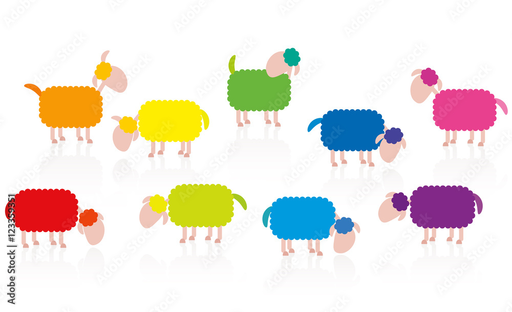 Naklejka premium Colored sheep flock cartoon - illustration on white background.