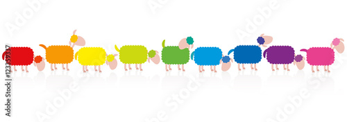 Colored sheep in a row. Comic illustration on white background.
