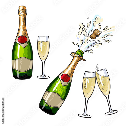 Champagne bottle and glasses, set of cartoon vector illustrations isolated on white background. Closed and open champagne bottle and glasses, holiday toast, cork jumping out with explosion