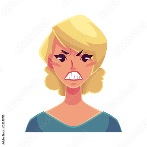 Pretty blond woman  angry facial expression  cartoon vector illustrations isolated on white background. Beautiful woman frowns  feeling distresses  frustrated  sullen  upset. Angry face expression