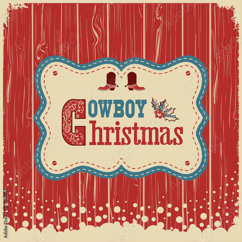 Cowboy christmas card with text on wood board