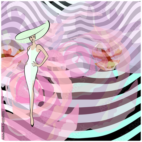 Abstract sketch girl model, white dress, green hat, Fashion, beauty  show,  pink flowers on striped pattern, fragrance, fashion