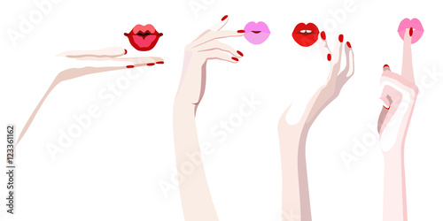  Abstract watercolor painting of female hands with holding funny mustache on stick,