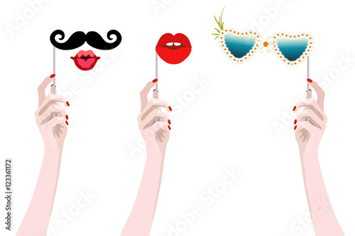  Abstract watercolor painting of female hands with holding funny mustache on stick