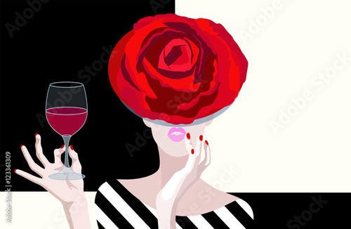 Abstract vector drawing of  woman in  floral hat of red roses, in hand glass of red wine