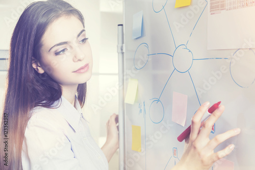 Woman drawing graphs on whiteboard