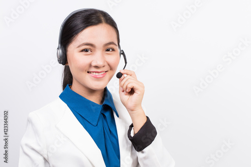 Operator or businesswoman in headset feel so good