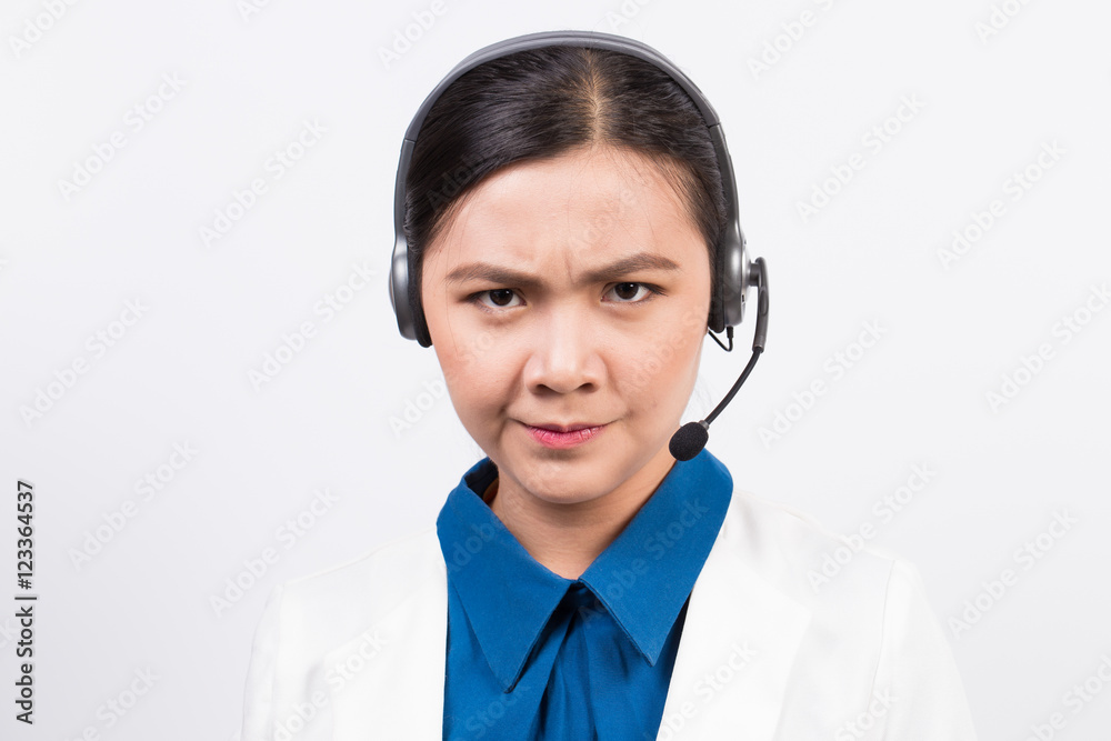 Operator or businesswoman in headset feel confuse Operator or businesswoman in headset feel confuse