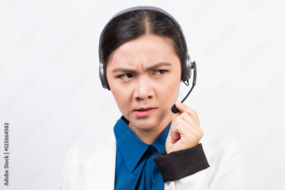 Operator or businesswoman in headset feel confuse Operator or businesswoman in headset feel confuse