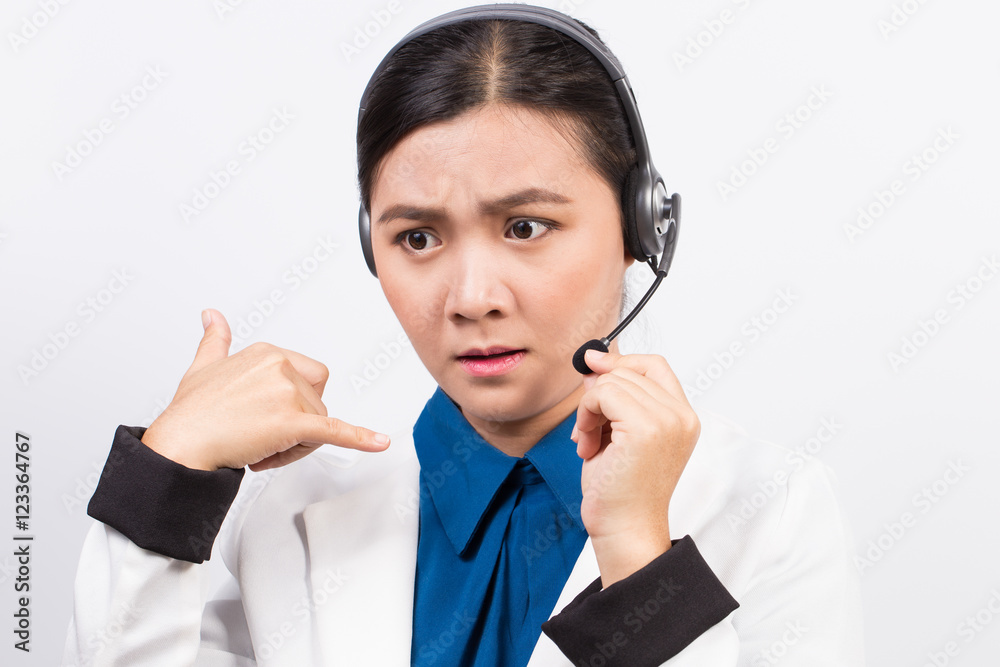 Operator or businesswoman in headset feel confuse Operator or businesswoman in headset feel confuse