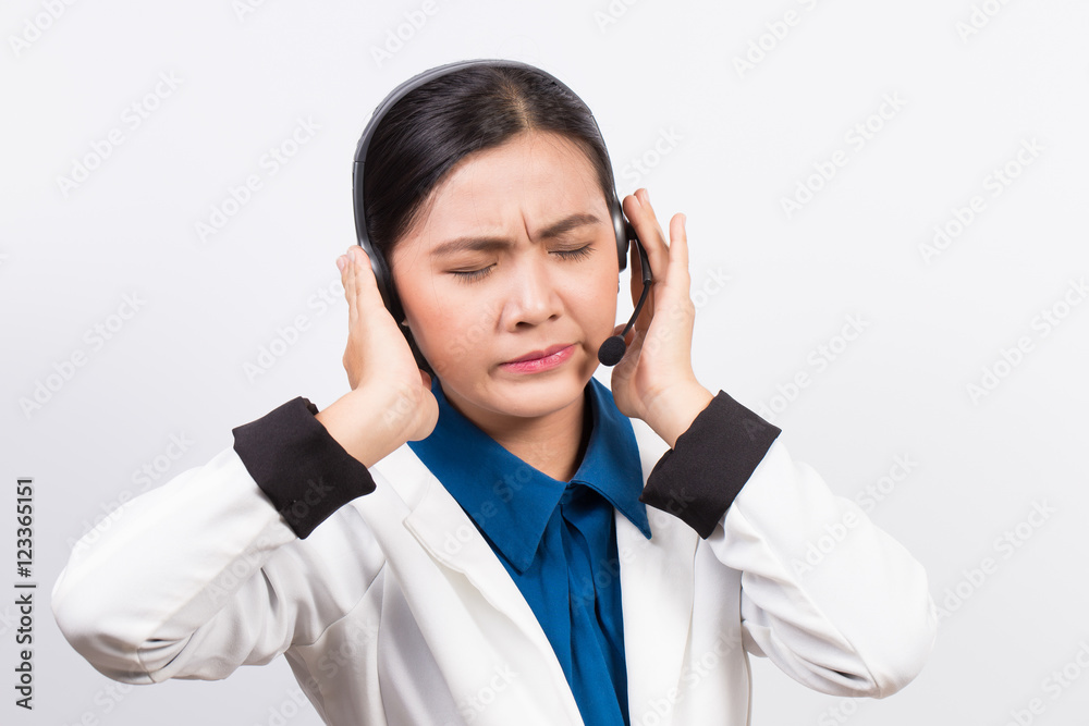 Operator or businesswoman in headset feel confuse Operator or businesswoman in headset feel confuse