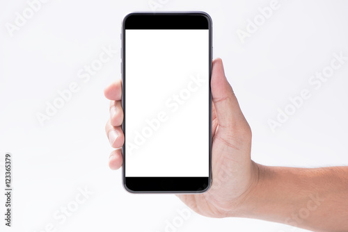 hand hold smartphone on white background,with clipping path