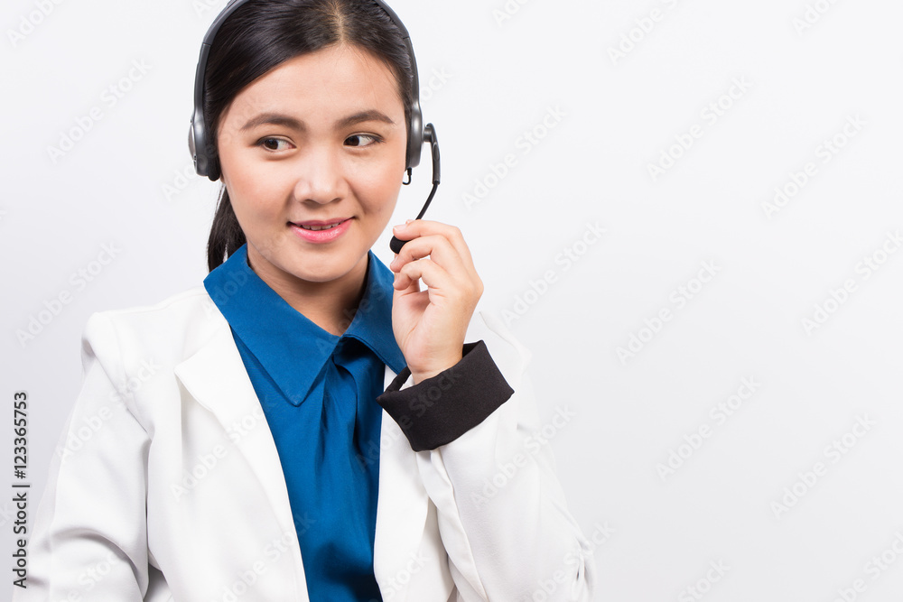Operator or businesswoman in headset feel so good Operator or businesswoman in headset feel so good