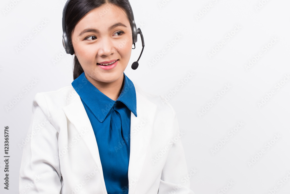 Operator or businesswoman in headset feel so good Operator or businesswoman in headset feel so good
