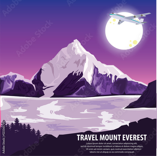 illustration vector. Travel mountains Everest by plane . Travel around highest mountains Everest and beautiful landscape 