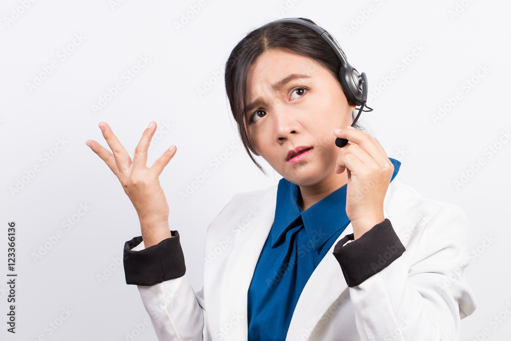 Operator or businesswoman in headset feel confuse Operator or businesswoman in headset feel confuse