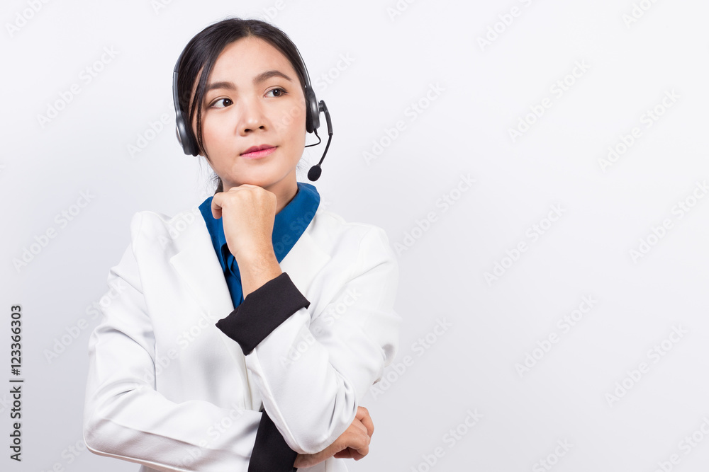 Operator or businesswoman in headset feel confuse Operator or businesswoman in headset feel confuse