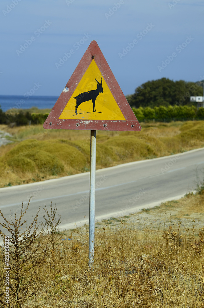 Greece, Samothrace, warning sign for goats
