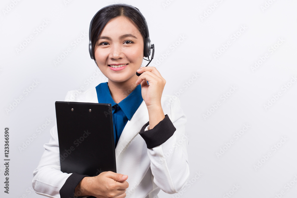 Operator or businesswoman in headset feel so good Operator or businesswoman in headset feel so good