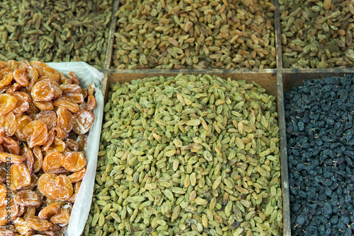 Varieties of dried fruit and nuts in market, Dong Dajie, Dunhuan photo