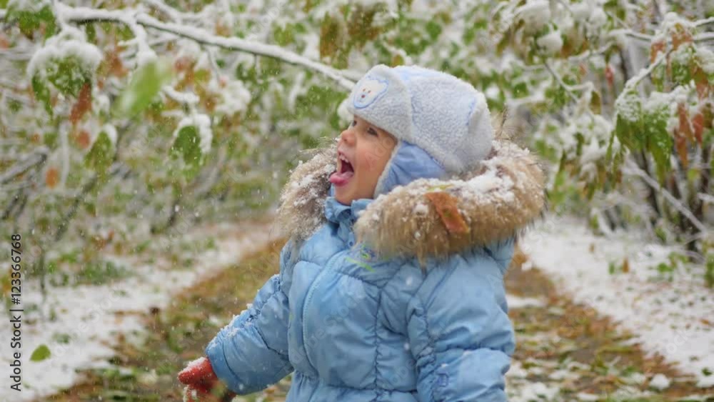 the child looks at the snow falling in the park the child looks at the snow falling in the park