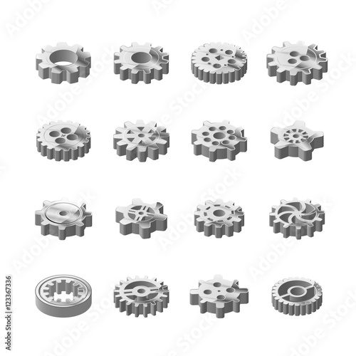 Set of glossy metal cogwheels in isometric view on white