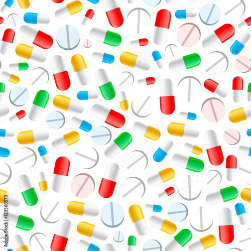 Colourful pills on white, seamless pattern