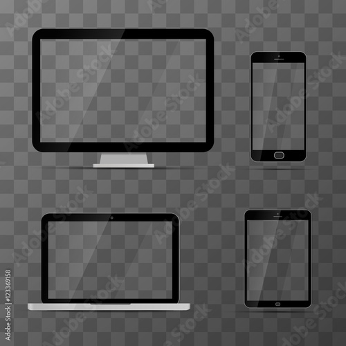 Mockups of monitor, laptop, black tablet and smartphone
