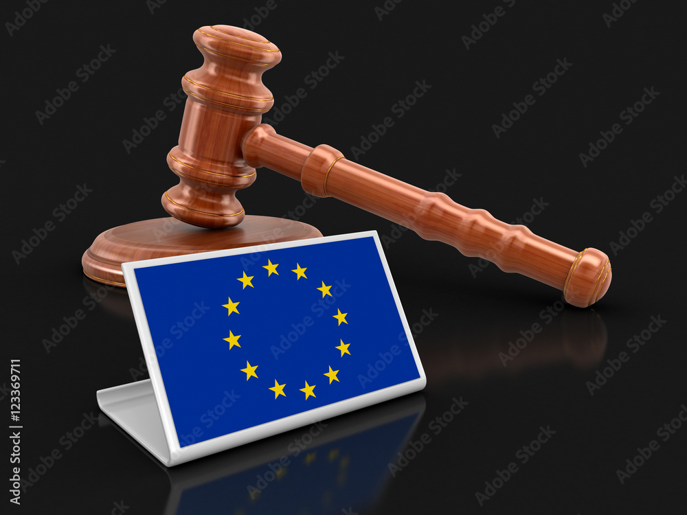 3d wooden mallet and European union flag. Image with clipping path