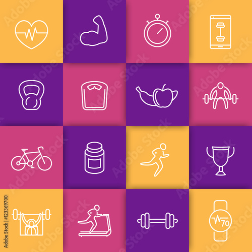 16 fitness, gym line icons set, vector illustration