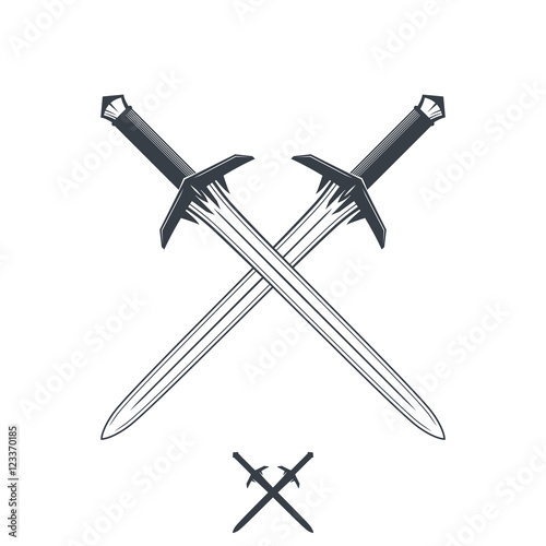 crossed swords on white, outline and silhouette, vector illustration