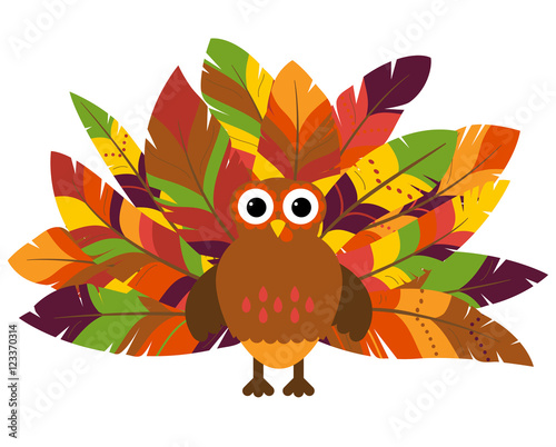 Cute Vector Turkey with Colorful Feathers for Thanksgiving and Fall