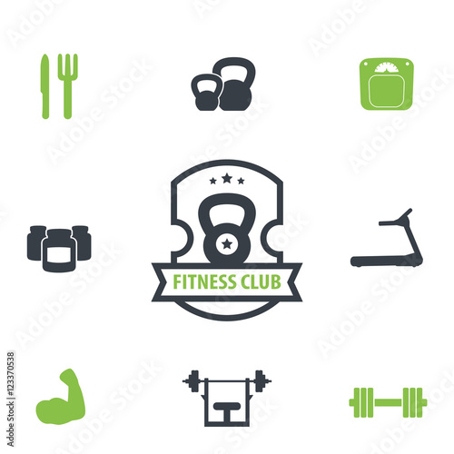 fitness club, gym icons on white, vector illustration