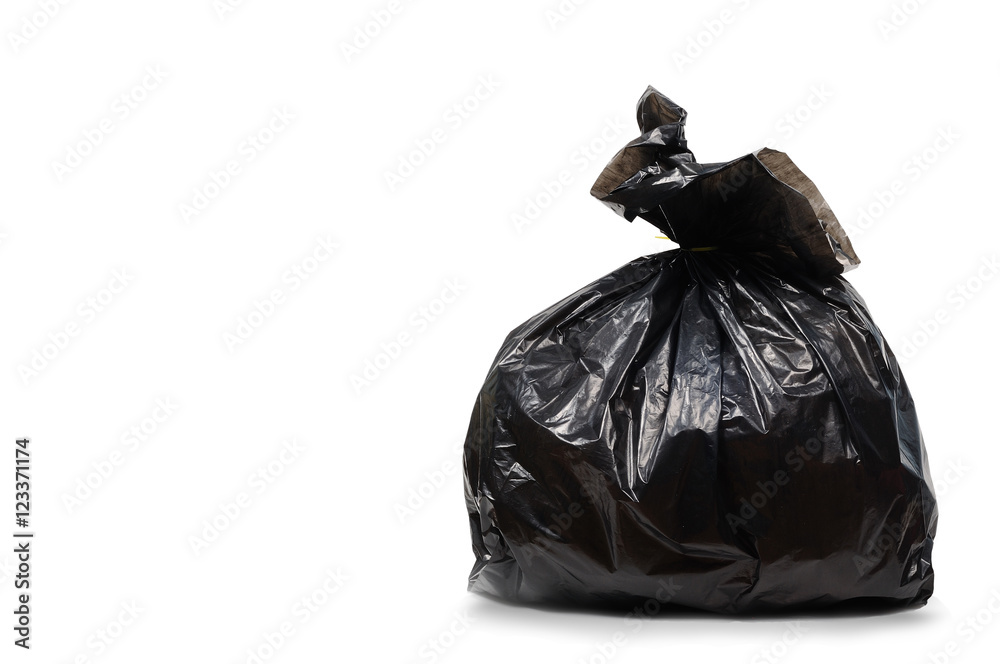 Single black plastic garbage bag on white background, clipping p Single black plastic garbage bag on white background, clipping p