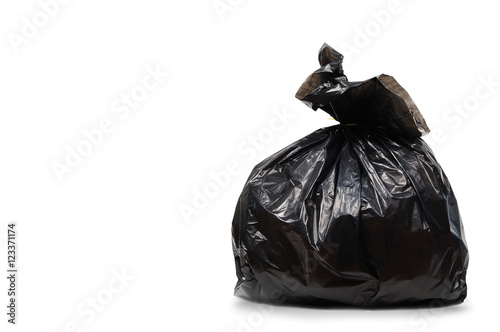 Single black plastic garbage bag on white background  clipping p