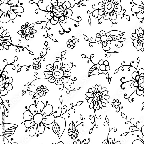 Floral seamless pattern background. Vector beautiful plant. Black and white flower. Vintage decor.