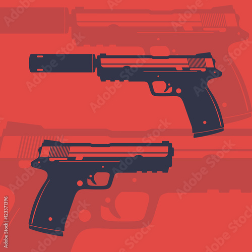 modern pistol with silencer and without, handgun, semiautomatic gun, vector illustration